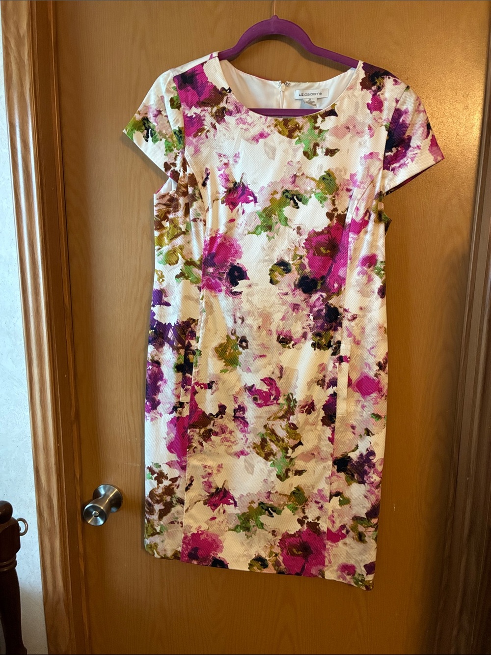Liz Claiborne Cream Midi Dress with Fuchsia, Purple and Green Floral Print